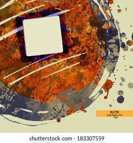 art frame on blue and orange watercolor and inkblot background with space for text
