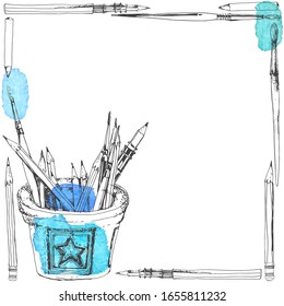 Art frame with pencils, brushes, a glass for creative stationery,  colorful watercolor elements  and a place for text. Vector illustration on white.