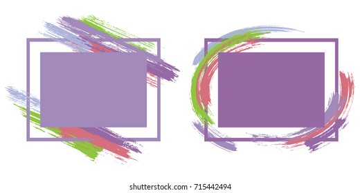 Art frame set vector collection. Grunge border with painted brushstrokes background collection. Painted frames advertising graphic design templates for educational needs in violet, green, pink.