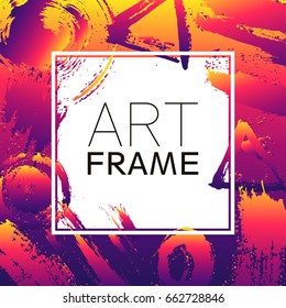 Art frame square. Gradient yellow violet color elements. Brush strokes for the background of poster. Modern design. Hand made spots and stripes. Vintage texture stain. Creative fashion card.