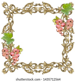Art frame of square shape with berries and leaves of white currant and a flower ornament, the vector image on a white background