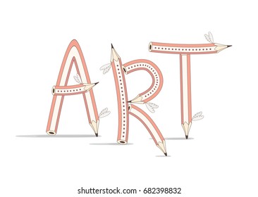 Art. Funny text consisting of pencils on white background. Letters with wings. Vector illustration.