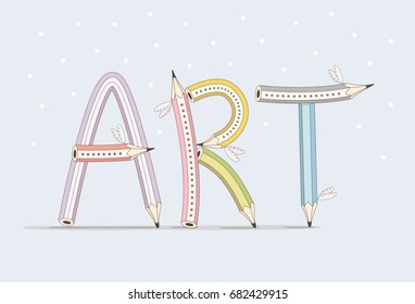 Art. Funny text consisting of pencils on blue background. Colored letters with wings. Vector illustration.