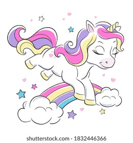 Art. Funny unicorn jumps over a rainbow. Fashion illustration drawing in modern style for clothes. Cute unicorn.
