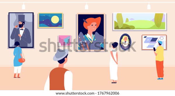 Art gallery. Artistic museum painting\
exhibition tour. Artist paintings, canvas image and visitors. Woman\
and exposition vector\
illustration