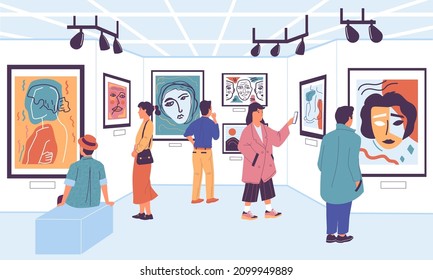 Art gallery. Cartoon people at museum exhibition looking at paintings and artworks, tourists on festival. Vector contemporary exposition visitors