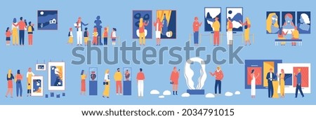Art gallery color set of isolated icons with human characters and images of sculptures and paintings vector illustration