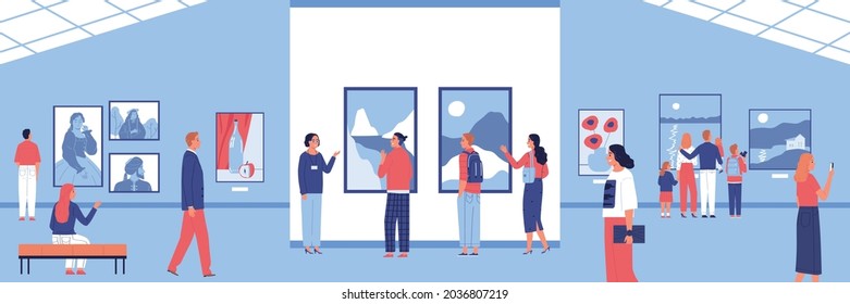 Art gallery composition with view of exhibition hall with paintings and characters of visitors and curators vector illustration