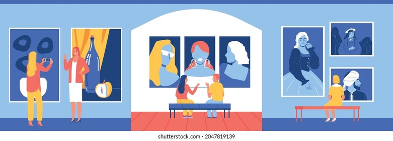Art gallery design concept with indoor view of exhibition venue with paintings and characters of visitors vector illustration