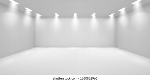 Art Gallery Empty 3d Room With White Walls, Floor And Illumination Lamps Around Perimeter. Museum Interior For Collection Presentation, Photography Contest Exhibition Hall, Realistic Vector Mock Up