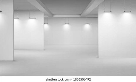 Art Gallery Empty Interior, 3d Room With White Walls, Floor And Illumination Lamps. Museum Passages With Lights For Pictures Presentation, Photography Contest Exhibition Hall, Realistic Vector Mock Up