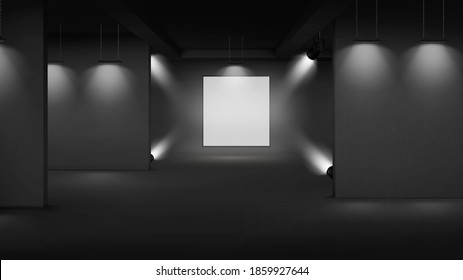 Art gallery empty interior with banner in center, illuminated with spotlights. 3d room museum passages with lights picture presentation, photography contest exhibition hall, Realistic vector mock up