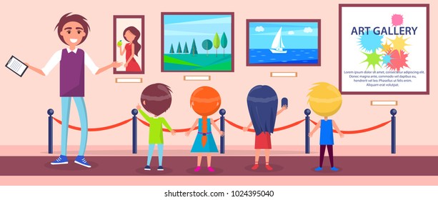 Art gallery excursion for school children with guide. Woman portrait, natural landscape and seascape with sailboat vector illustrations.