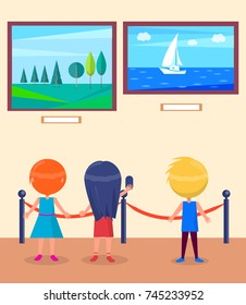 Art gallery excursion for school children. Kids watching on seascape with sailboat, landscape with trees vector illustration in museum hall