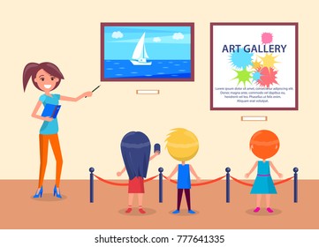 Art gallery excursion for school kids back view with guide. Woman pointing on sea with sailboat, children listen attentively to teacher vector illustration