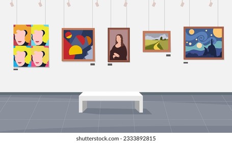 Art Gallery. Exhibition of famous paintings. Creative leisure activities. Vector illustration