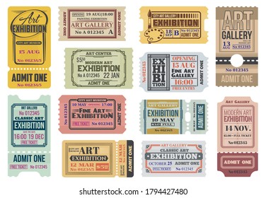 Art gallery, exhibition tickets, admits to event, vector vintage paper coupons templates. Modern art gallery and artist exhibition or classic museum admission tickets with date and control line