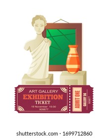 Art gallery exhibition vector, masterpieces cultural heritage of mankind, sculpture and vases art, abstract painting in frame. Vintage ticket with date