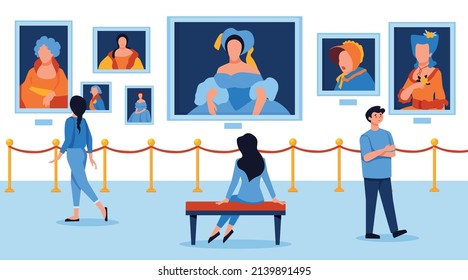 Art gallery flat background with bench for visitors restrictive tape and exhibits on wall vector illustration