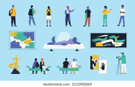 Art gallery flat color set of modern abstract paintings visitors and photographer isolated vector illustration