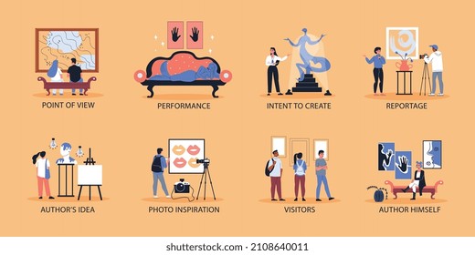Art gallery flat set of authors idea intent to create performance visitors reportage isolated compositions vector illustration