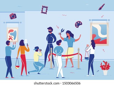 Art Gallery Grand Opening Ceremony. Woman Owner Cut Red Ribbon Vector Illustration. Abstract Contemporary Artwork Exhibition. Modern Artist Painting Exposition. People Visitor Photo