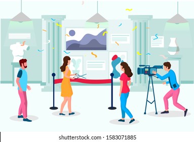 Art Gallery Grand Opening Exhibition Event Ceremony, Vector Illustration. Fine Art Paintings Gallery Interior With Woman Cutting Red Ribbon Before Cameraman, Visitors, Artists. Art Galleries Industry.