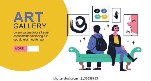 Art gallery horizontal banner with young people sitting on bench for visitors and looking at exposit objects flat vector illustration