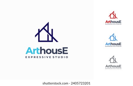 art gallery house logo. Art museum or artist school concept logo with abstract geometric shape house in multicolor design. colorful house artwork logo icon.