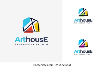 logotipo de la galería de arte. Logo del concepto de museo de arte o escuela de artista con forma geométrica abstracta casa en diseño multicolor. icono del logo de las obras de arte de la casa.