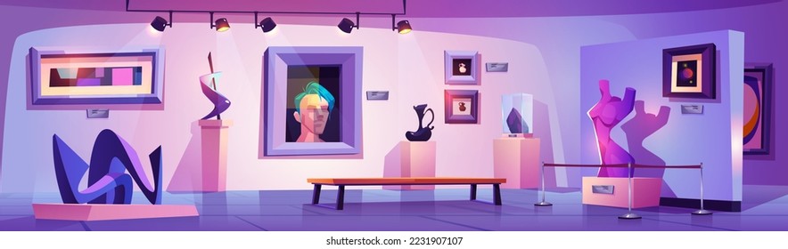 Art gallery interior with modern artworks. Museum, contemporary exhibition with exposition of abstract paintings, sculpture, vases and statue. Illuminated presentation hall Cartoon vector illustration