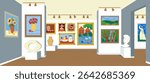 Art gallery interior. Museum exhibition with classical paintings and contemporary sculpture, cartoon cultural complex background. Vector illustration.