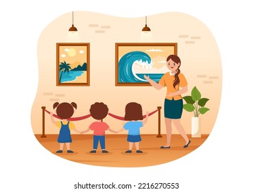 Art Gallery of Kids Museum Visitors View Exhibition of Modern Abstract Paintings in Contemporary in Flat Cartoon Hand Template Illustration