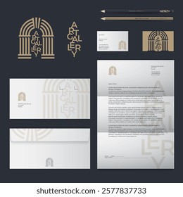 Art  Gallery logo. Golden  Sign consist of gold lettering and arch. Identity, corporate style. Blank-letterhead, envelope, letter, business card.