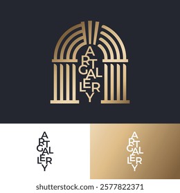 Art  Gallery logo. Lettering and arch icon. Golden sign of architecture and art.