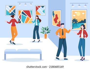 Art Gallery Museum Cartoon Illustration with Exhibition, Culture, Sculpture, Painting and Some People to See it in Flat Style Design