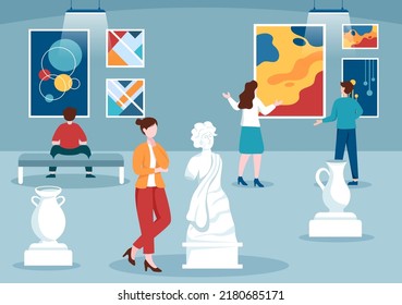 Art Gallery Museum Cartoon Illustration With Exhibition, Culture, Sculpture, Painting And Some People To See It In Flat Style Design