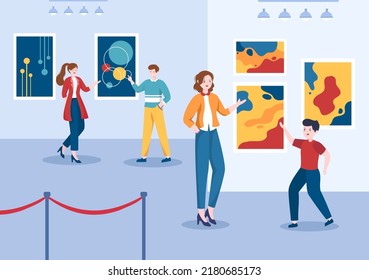 Art Gallery Museum Cartoon Illustration with Exhibition, Culture, Sculpture, Painting and Some People to See it in Flat Style Design