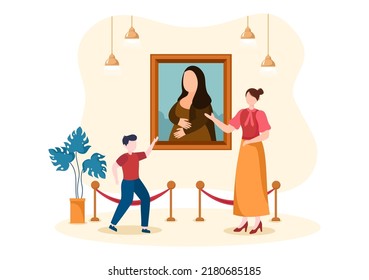 Art Gallery Museum Cartoon Illustration with Exhibition, Culture, Sculpture, Painting and Some People to See it in Flat Style Design