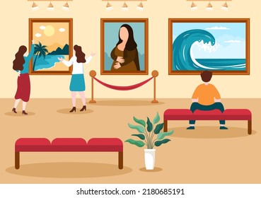 Art Gallery Museum Cartoon Illustration with Exhibition, Culture, Sculpture, Painting and Some People to See it in Flat Style Design