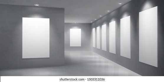 Art gallery, museum exhibition hall empty interior with painting, photography blank white, clean frames hanging on wall, illuminated round spotlight lamps from ceiling 3d realistic vector illustration
