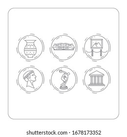 Art gallery, museum, exhibition, historical objects, vector icon set