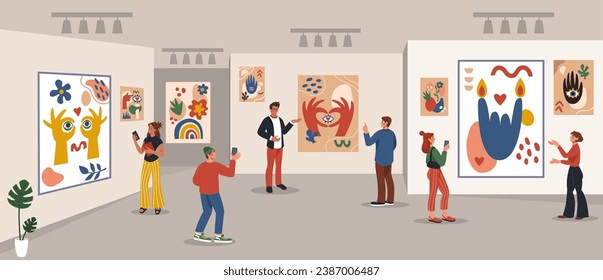 Art gallery. Museum exhibition. People looking masterpieces. Abstract contemporary pictures at walls. Visitors walk. Culture paintings. Artwork festival. Tourists excursion. Vector tidy illustration