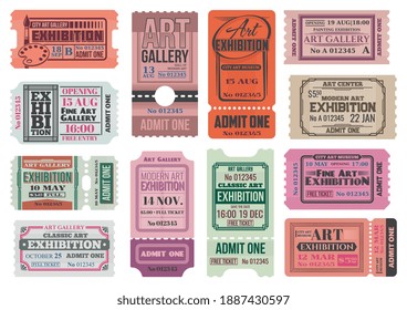 Art gallery and museum exhibition retro tickets, admits vector templates. City museum, art center and painting gallery entrance coupon, event access card, invite card or ticket with tear off part