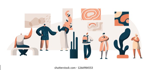 Art Gallery Museum Exhibition Visitor Group. People Character at Famous Painting Artwork Excursion. Frame Picture on Wall Exposition Concept for Poster Flat Cartoon Vector Illustration