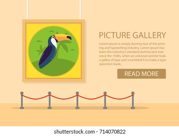 art gallery in the museum in flat style vector.Exhibition of the modern art.Showroom with a painting exposition.Picture with an exotic tropical bird cartoon toucan against the background of palm trees