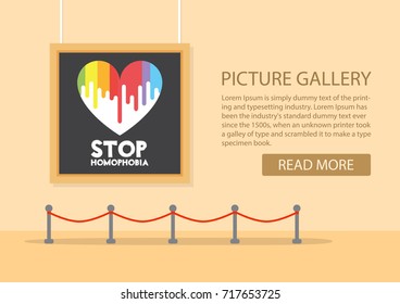 art gallery in the museum in flat style a vector.Exhibition of the modern art.Showroom with a painting exposition.Stop Homophobia.International Day Against Homophobia