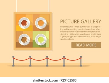 art gallery in the museum in flat style a vector.Exhibition of the modern art.Showroom with a painting exposition.Cups with green tea, black tea, coffee with milk. Hot drink