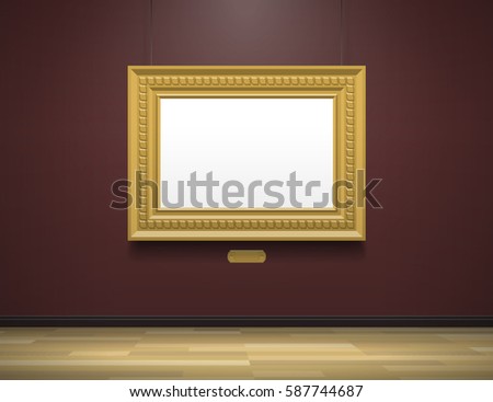 art gallery museum interior with blank golden frame