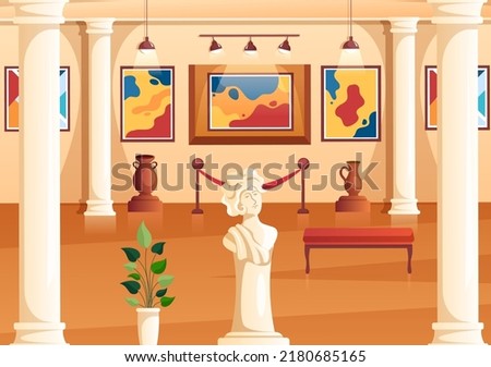 Art Gallery Museum Interior Cartoon Illustration Exhibition, Culture, Sculpture and Painting for Some People to See it in Flat Style Design